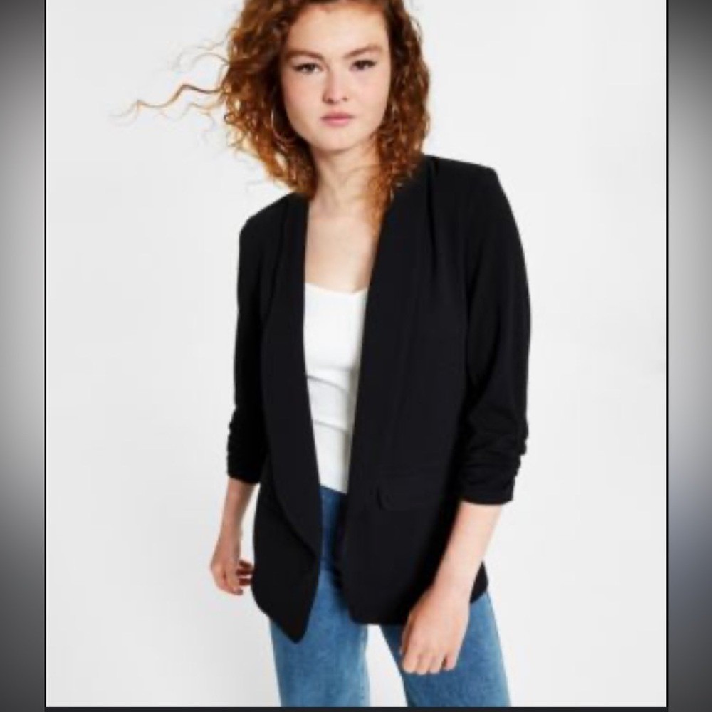 Bar III Womens Black Open Front Ruched 3/4 Sleeve Collarless Blazer XS‎